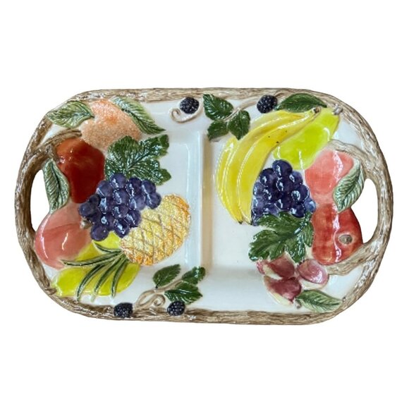 Vintage Holland Mold Ceramic Divided Serving Tray With Hand-Painted Fruit Design - Picture 8 of 8